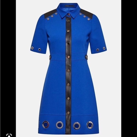 Karen Millen- NWT Blue Stretch Mini Dress w Silver Ring Cutout and Leather Trim - Picture 4 of 13